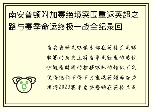 南安普顿附加赛绝境突围重返英超之路与赛季命运终极一战全纪录回