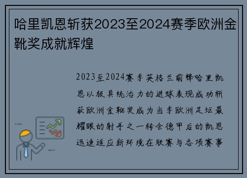 哈里凯恩斩获2023至2024赛季欧洲金靴奖成就辉煌 哈里凯恩斩获2023至2024赛季欧洲金靴奖成就辉煌